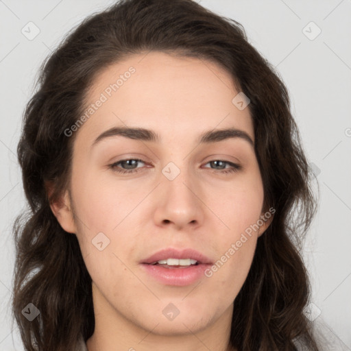 Neutral white young-adult female with long  brown hair and brown eyes