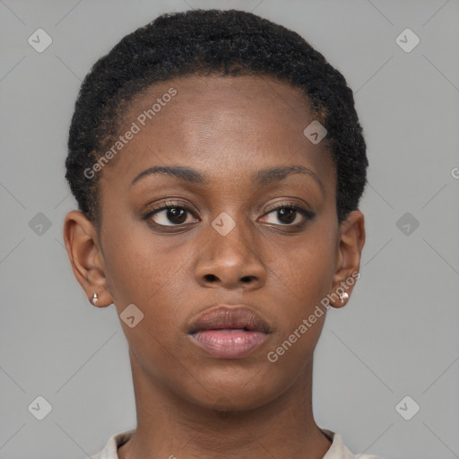 Neutral black young-adult female with short  brown hair and brown eyes