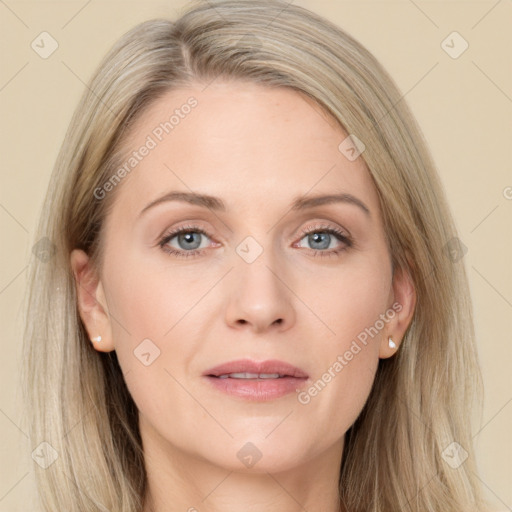 Joyful white adult female with long  brown hair and grey eyes