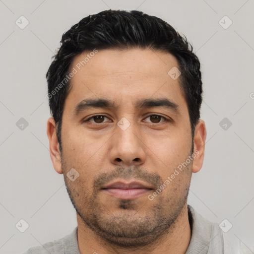 Neutral asian young-adult male with short  black hair and brown eyes