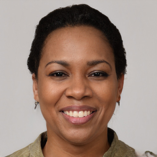Joyful black adult female with short  black hair and brown eyes