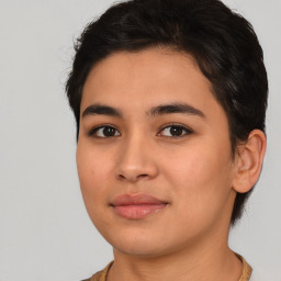 Joyful white young-adult female with medium  brown hair and brown eyes