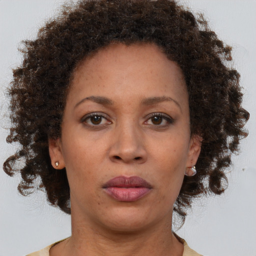 Neutral black adult female with medium  brown hair and brown eyes