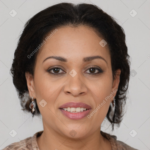 Joyful latino adult female with medium  brown hair and brown eyes