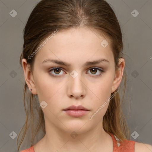 Neutral white young-adult female with medium  brown hair and brown eyes