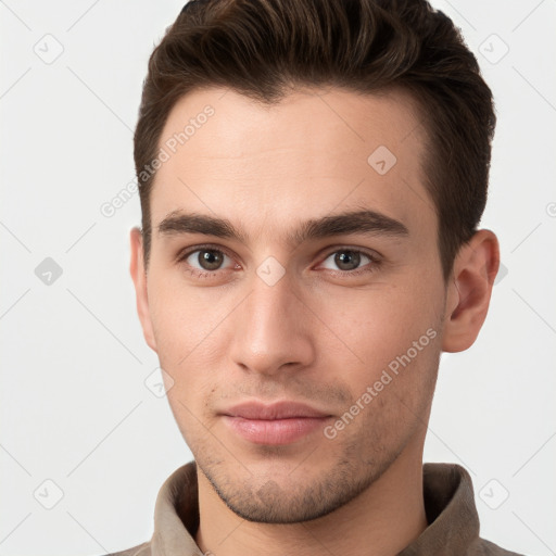 Neutral white young-adult male with short  brown hair and brown eyes