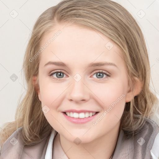 Joyful white young-adult female with medium  brown hair and blue eyes