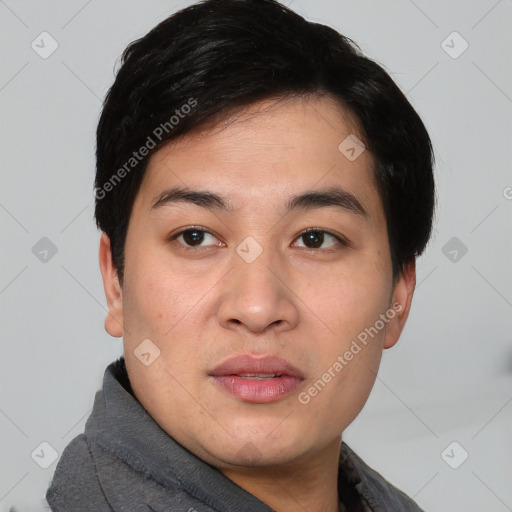 Neutral asian young-adult male with short  black hair and brown eyes