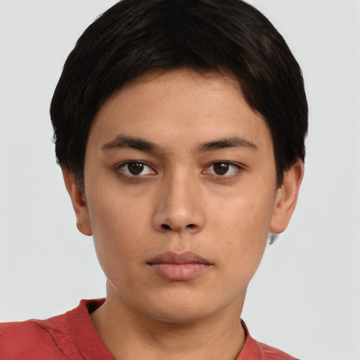 Neutral white young-adult female with short  black hair and brown eyes