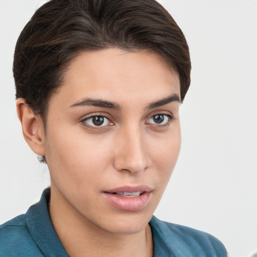 Neutral white young-adult female with medium  brown hair and brown eyes