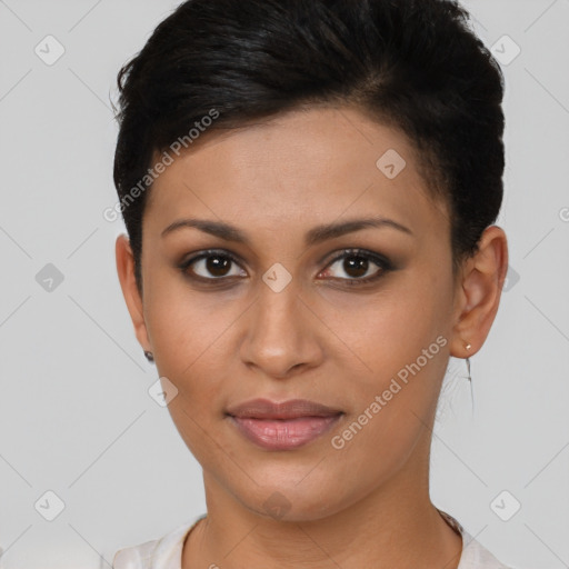 Joyful asian young-adult female with short  brown hair and brown eyes