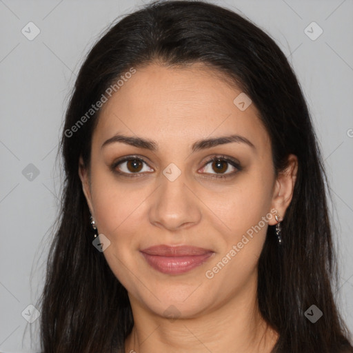 Joyful latino young-adult female with long  brown hair and brown eyes