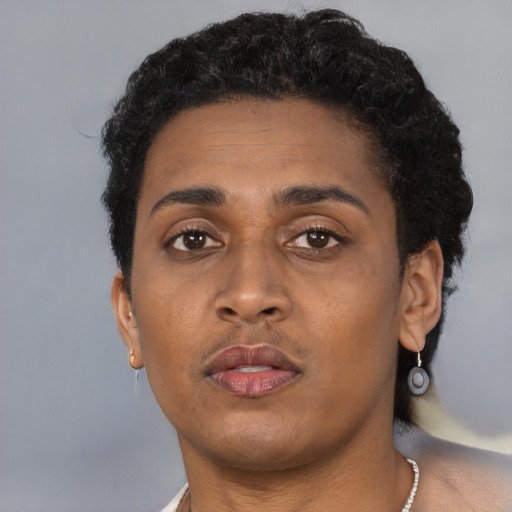 Neutral black young-adult female with short  brown hair and brown eyes