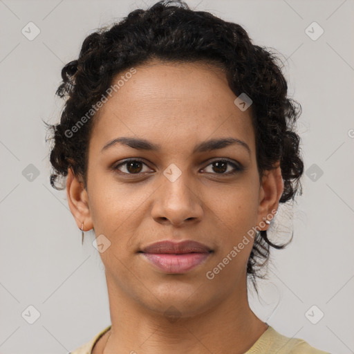 Joyful latino young-adult female with short  brown hair and brown eyes