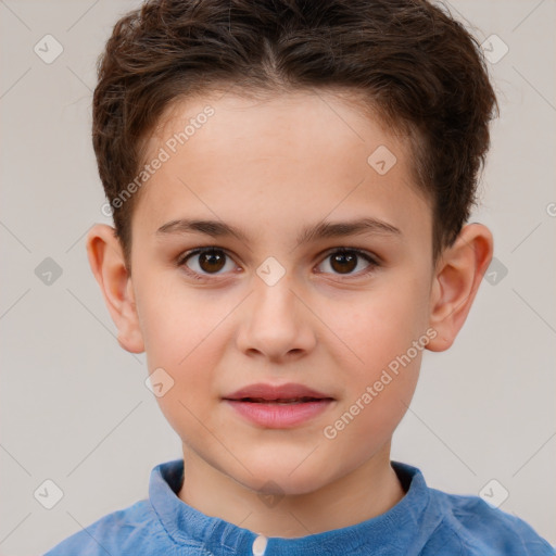 Joyful white child male with short  brown hair and brown eyes