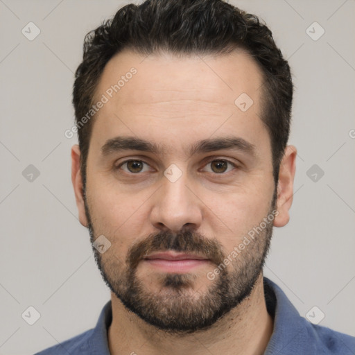 Neutral white young-adult male with short  black hair and brown eyes