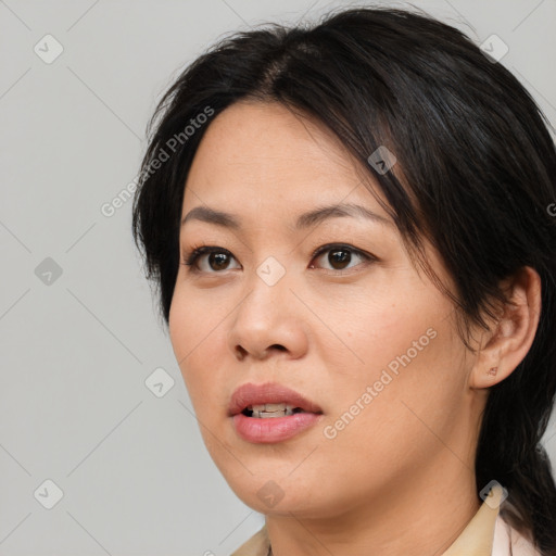 Neutral asian young-adult female with medium  brown hair and brown eyes