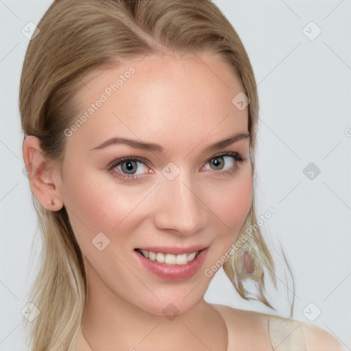 Joyful white young-adult female with medium  brown hair and blue eyes