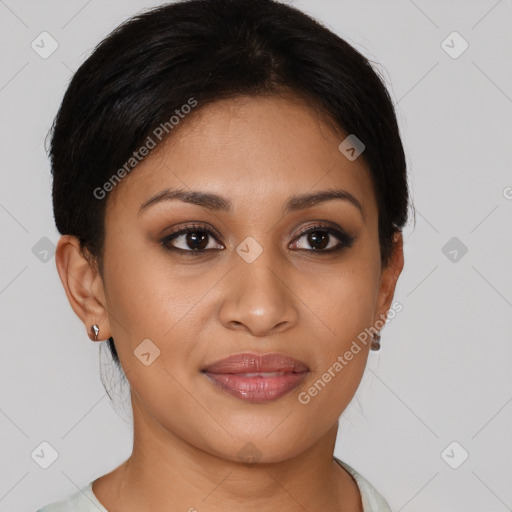 Joyful latino young-adult female with medium  brown hair and brown eyes