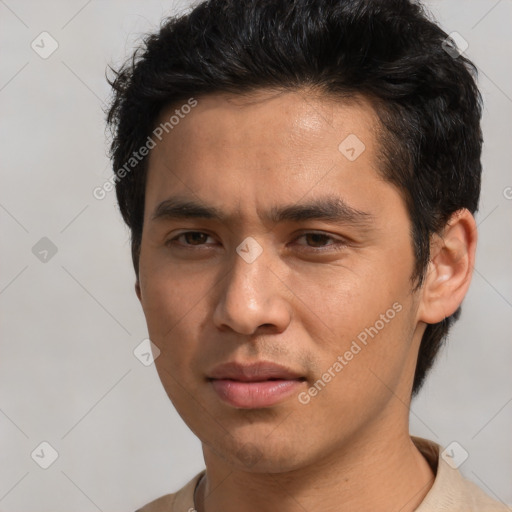 Neutral asian young-adult male with short  brown hair and brown eyes