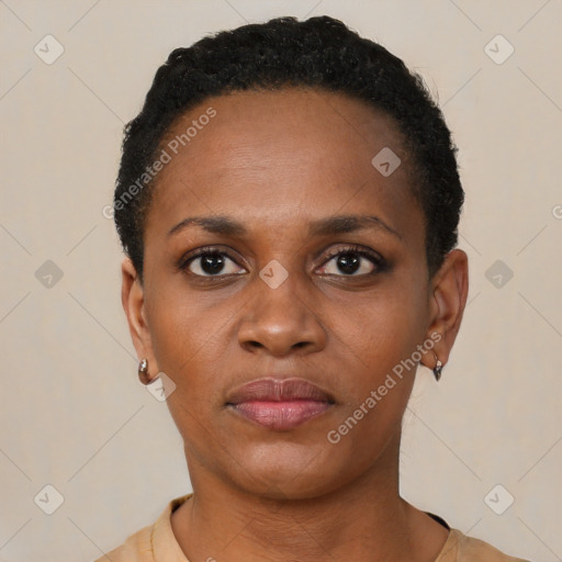 Neutral black young-adult female with short  black hair and brown eyes