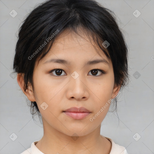 Neutral asian young-adult female with medium  brown hair and brown eyes