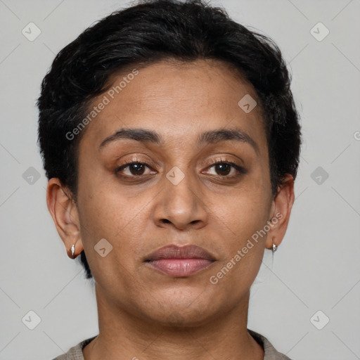 Joyful latino young-adult female with short  brown hair and brown eyes