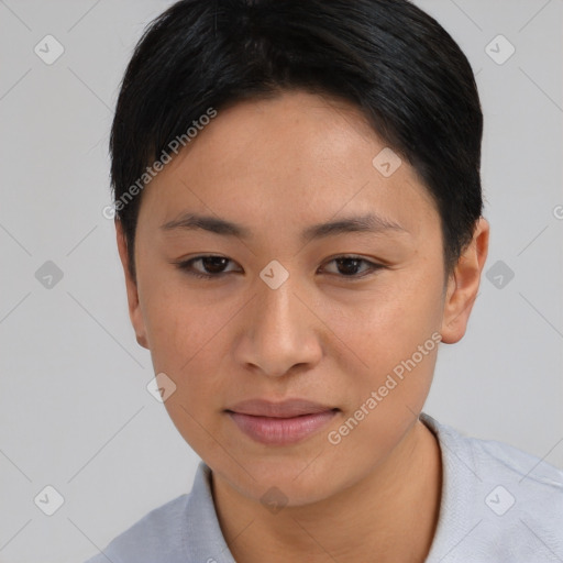 Joyful asian young-adult female with short  black hair and brown eyes