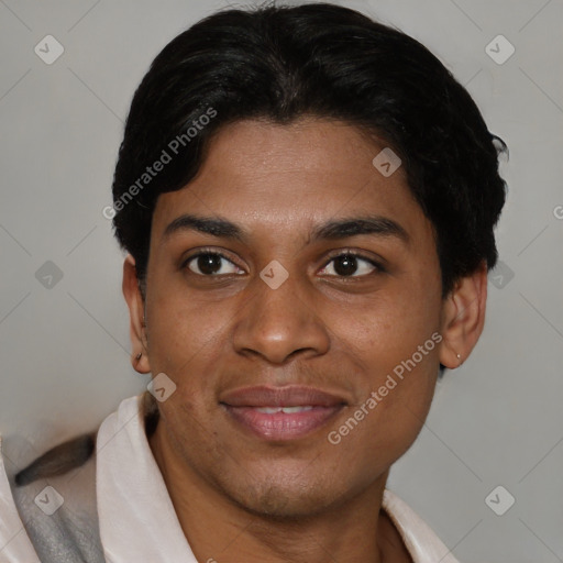 Joyful asian young-adult male with short  brown hair and brown eyes