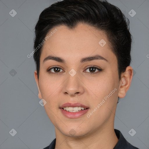 Joyful white young-adult female with short  brown hair and brown eyes