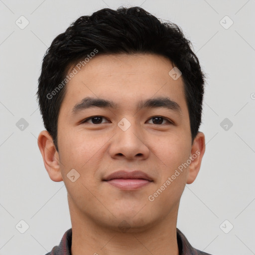 Neutral asian young-adult male with short  black hair and brown eyes