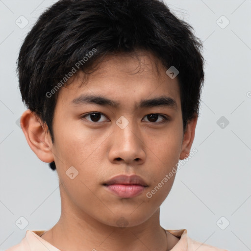 Neutral asian young-adult male with short  brown hair and brown eyes