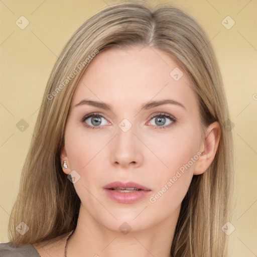 Neutral white young-adult female with long  brown hair and grey eyes