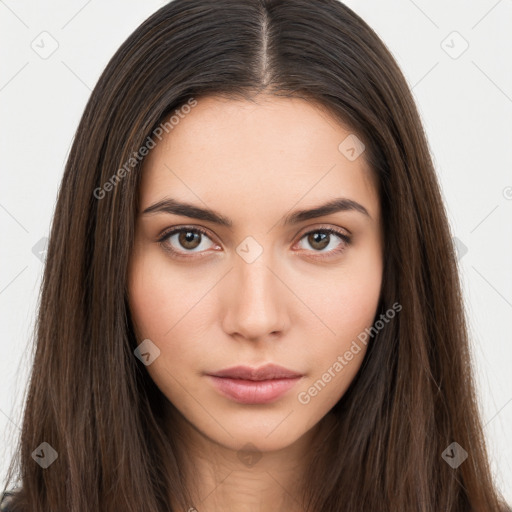 Neutral white young-adult female with long  brown hair and brown eyes