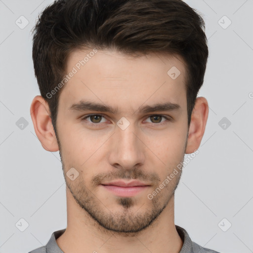 Neutral white young-adult male with short  brown hair and brown eyes