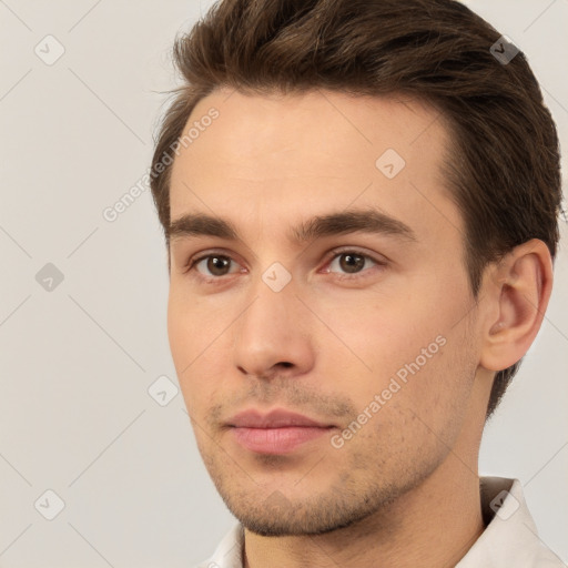 Neutral white young-adult male with short  brown hair and brown eyes