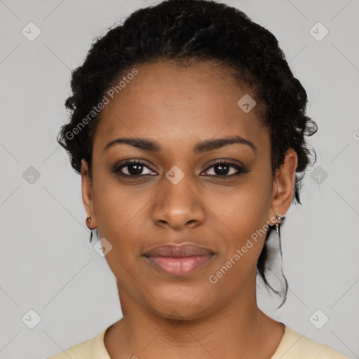 Neutral black young-adult female with short  black hair and brown eyes