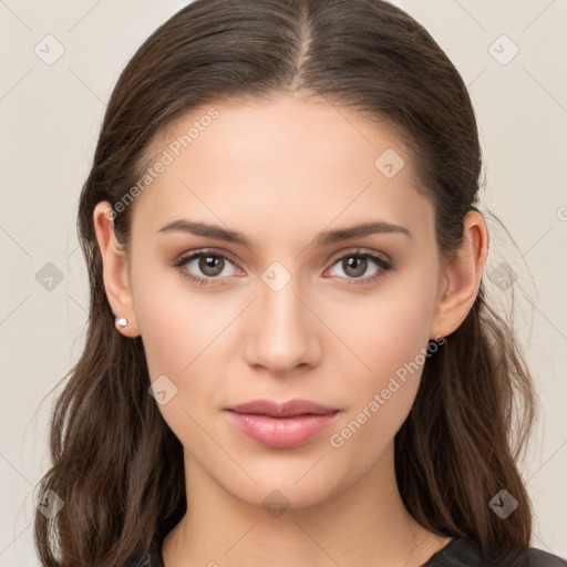 Neutral white young-adult female with long  brown hair and brown eyes