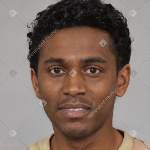 Neutral black young-adult male with short  black hair and brown eyes
