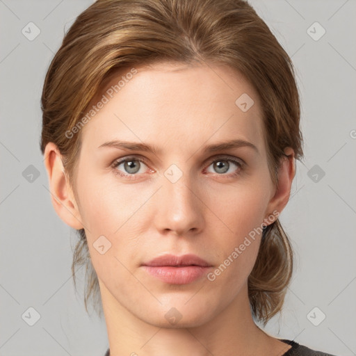 Neutral white young-adult female with medium  brown hair and grey eyes