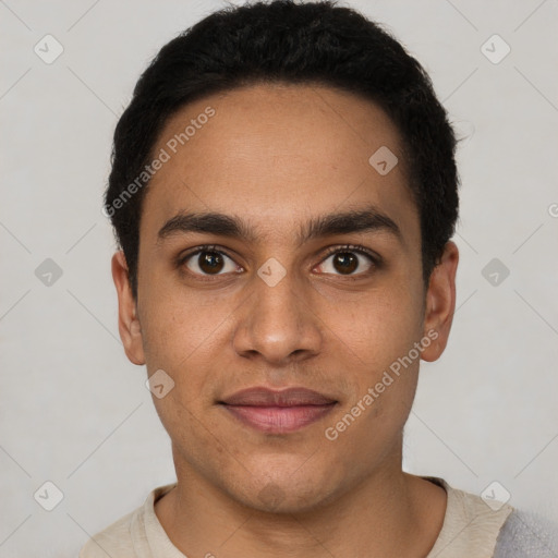 Joyful latino young-adult male with short  black hair and brown eyes