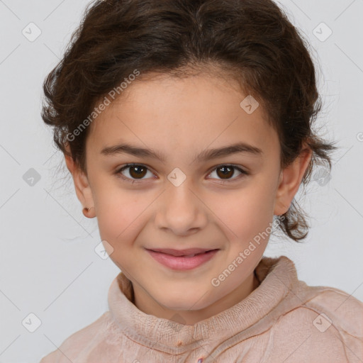 Joyful white child female with short  brown hair and brown eyes