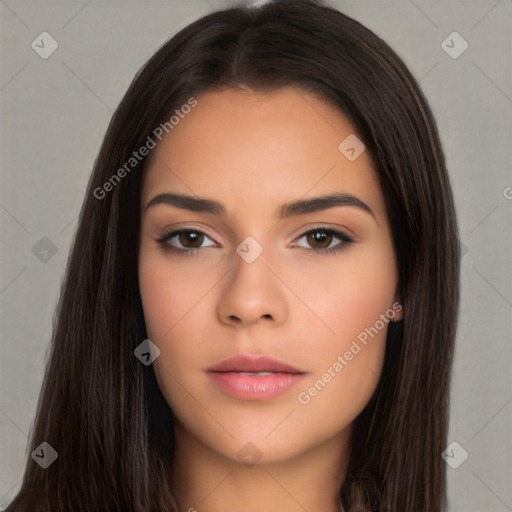 Neutral white young-adult female with long  brown hair and brown eyes