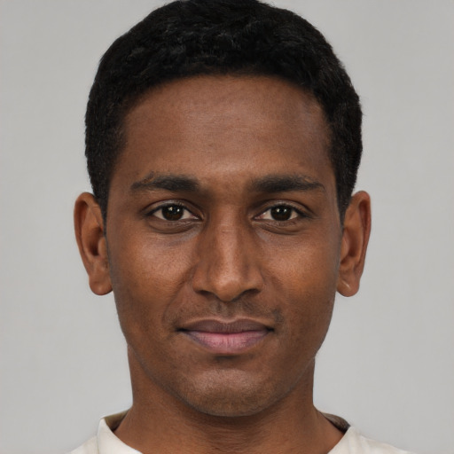 Neutral black young-adult male with short  black hair and brown eyes
