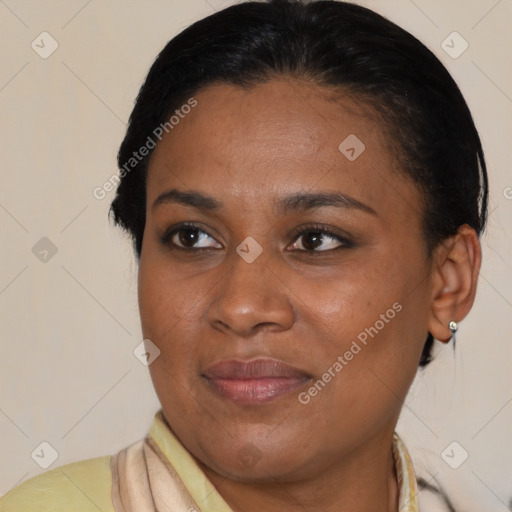 Joyful latino young-adult female with medium  brown hair and brown eyes