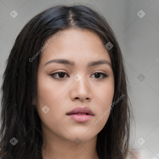 Neutral asian young-adult female with long  brown hair and brown eyes