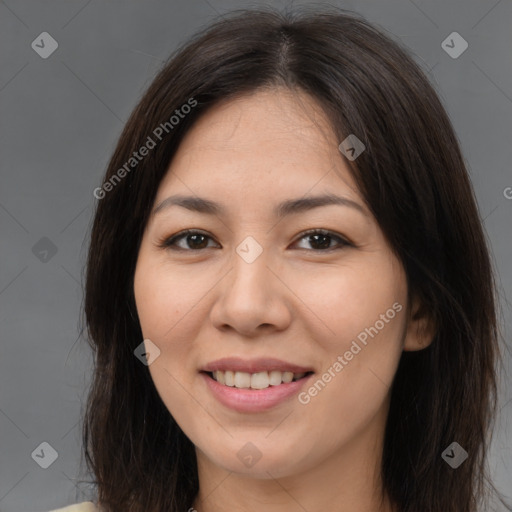 Joyful latino young-adult female with medium  brown hair and brown eyes