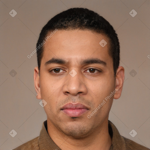 Neutral latino young-adult male with short  black hair and brown eyes