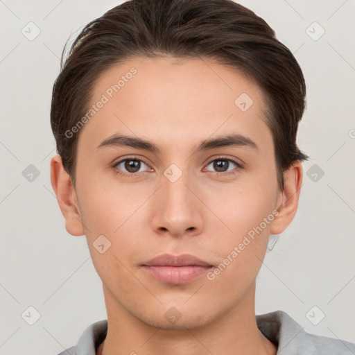 Neutral white young-adult male with short  brown hair and brown eyes