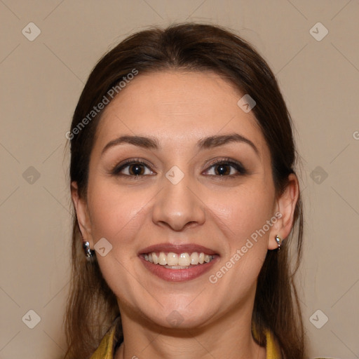 Joyful white young-adult female with long  brown hair and brown eyes